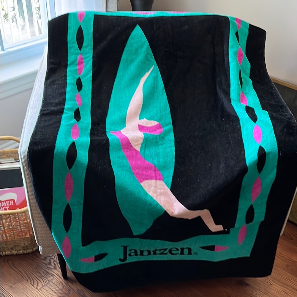 Vintage extra large Jantzen Black and Teal Beach Towel